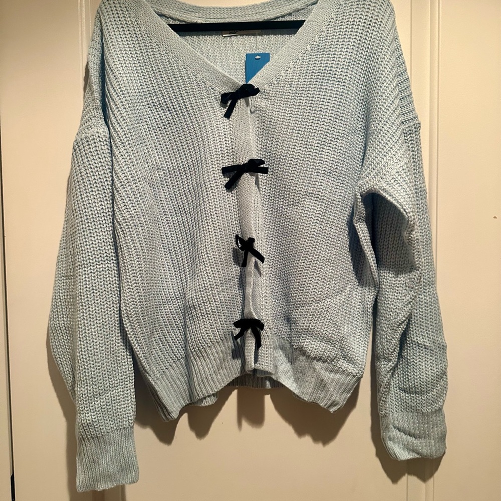 Cupshe Light Blue Cardigan with Black Bow Details